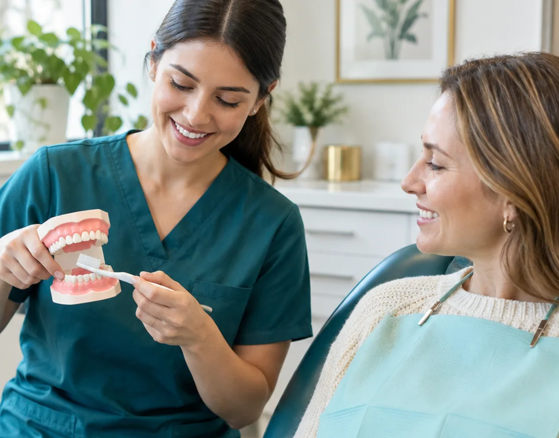 A hygienist explaining brushing with a dental model