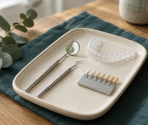 A tray with a mirror, probe, aligner and shade guide