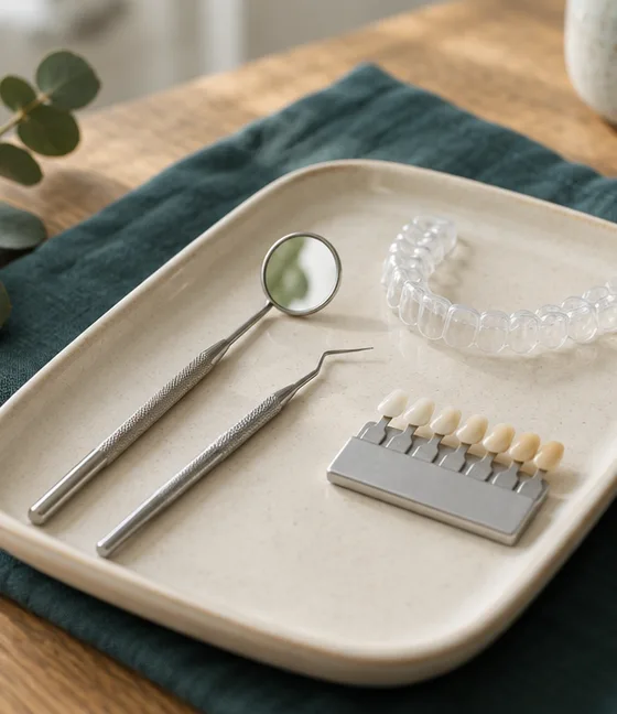 A tray with a mirror, probe and clear aligner